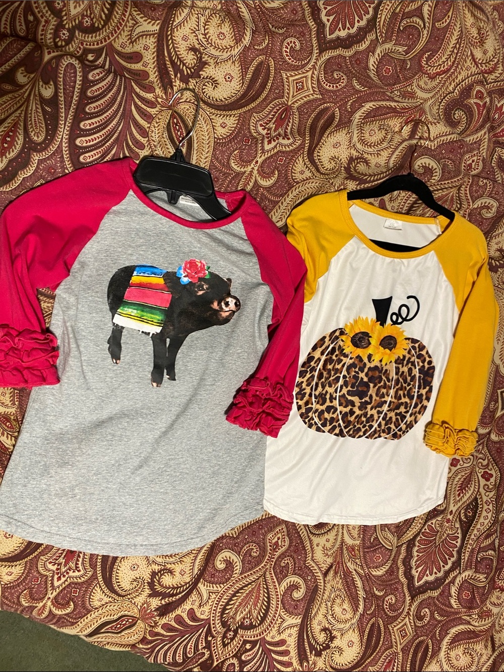 Girls Ruffle 3/4 Sleeve Top with pig & pumpkin graphic